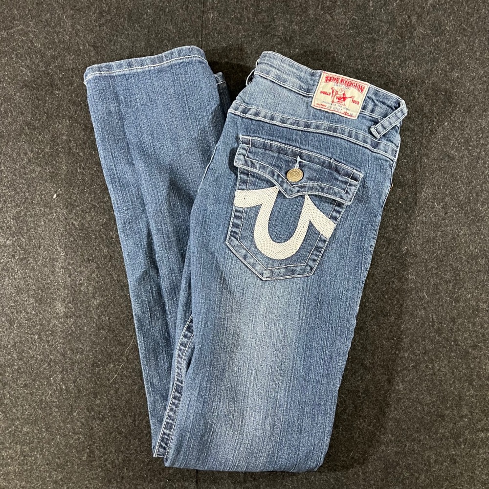 True Religion Joey Super T Womens Size 30 Blue Jeans Sequin Horseshoe Y2K Denim